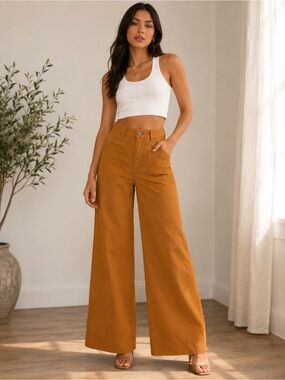 Maeve by Anthropologie The Colette Camel High Rise Wide Leg Full Length Linen Bl